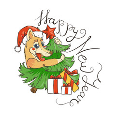 Yellow dog for New Year 2018, cute symbol of horoscope. Cute puppy in cartoon doodle style.