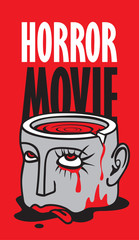Fototapeta premium Vector banner for festival horror movie. Severed human head with blood tears in a puddle of blood. Scary movie promotional print. Can be used for advertising, banner, flyer, web design