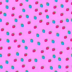  Seamless pattern with cute cartoon strawberry on rose background. Vector illustration.
