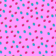  Seamless pattern with cute cartoon strawberry on rose background. Vector illustration.