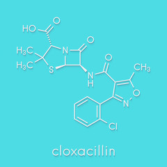 Cloxacillin antibiotic drug molecule. Skeletal formula.