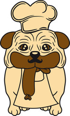 wurst würstchen essen lecker hunger hut mütze schürze koch chef kochen küche grillen bbq mops klein dick hund welpe süß niedlich haustier comic cartoon