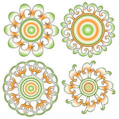 Colorful orange, green and white symmetrical ornaments with curls