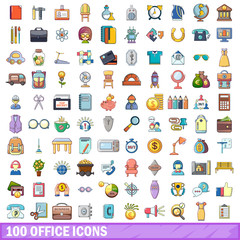 100 office icons set, cartoon style 