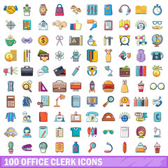 100 office clerk icons set, cartoon style 