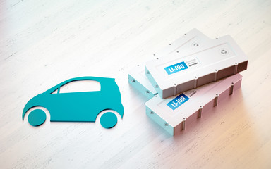 Li-Ion electric vehicle battery concept. Car symbol with EV batteries on wooden desk. 3d rendering.