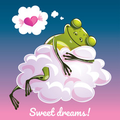 Greeting card with a cartoon frog on the cloud