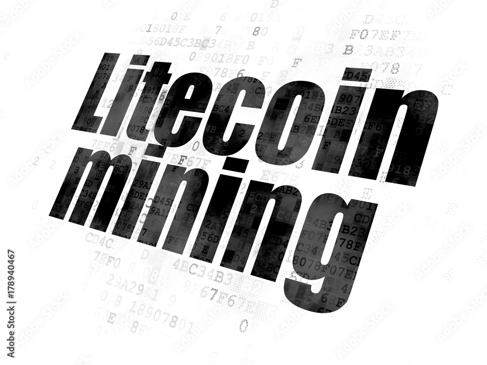 Poster blockchain concept: pixelated black text litecoin mining on digital background