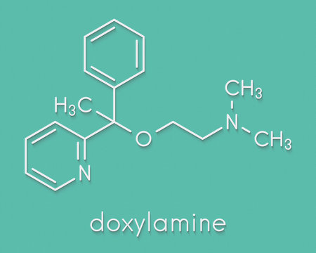 Doxylamine antihistamine drug molecule. Also used as over-the-counter (OTC) sedative. Skeletal formula.