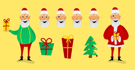 Santa Claus character creation set. Full length, different views, emotions, gestures, isolated against white background. Build your own design. Cartoon flat-style vector illustration