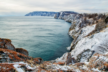 View above big beautiful lake in winter, Baikal lake, Russia