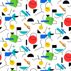 Geometry abstract seamless pattern. Linear motif background. Simple geometric shapes, triangles, squares, lines and circles