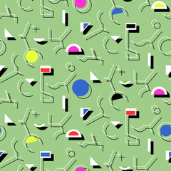 Geometry abstract seamless pattern. Linear motif background. Simple geometric shapes, triangles, squares, lines and circles