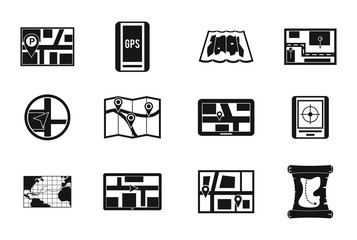 Gps map icon set, simple style