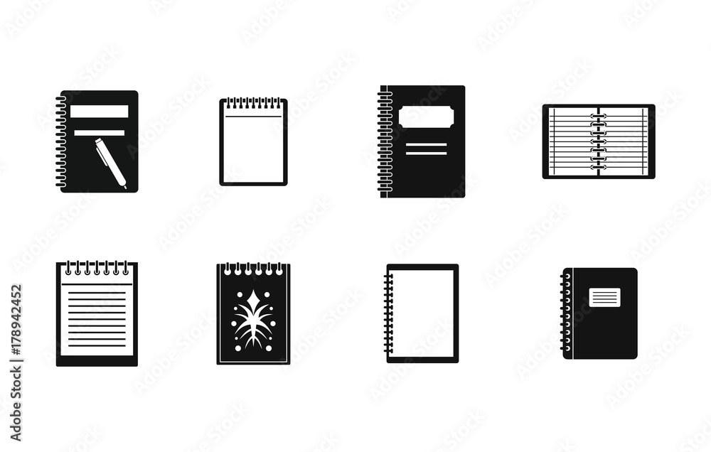 Poster notebook icon set, simple style