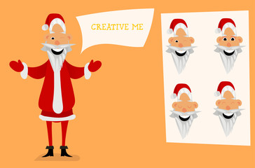 Santa Claus character creation set. Full length, different views, emotions, gestures, isolated against white background. Build your own design. Cartoon flat-style vector illustration