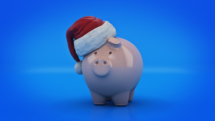 Pink Piggy Bank with Santa Hat. 3d rendering 