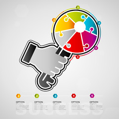 Five options success timeline infographic design with key icon made out of jigsaw pieces