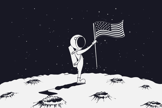 astronaut sets a USA flag on Moon.Hand drawing style.Vector illustration