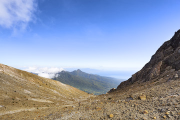 A view out towards to town of Maumere on the top of the active volcano, Mount Egon in East Nusa Tenggara, Indonesia.
