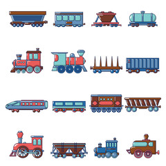Railway carriage icons set, cartoon style