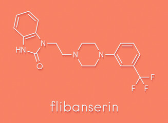 Flibanserin sexual desire drug molecule. May be used in treatment of hypoactive sexual desire disorder (HSDD). Skeletal formula.