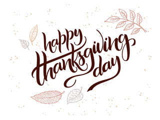 vector hand lettering greeting happy thanksgiving day text with doodle leaves and dots