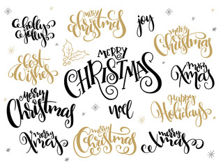 vector set of hand lettering christmas greetings phrases-merry christmas - with holly leaves and snowflakes