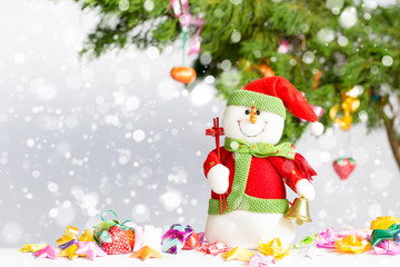 Snow man, Christmas tree background and Christmas decorations with snow, blurred, Happy New Year and Xmas theme