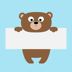 Obraz na płótnie Canvas Funny bear hanging on paper board template.Big eyes. Kawaii animal body. Cute cartoon character. Baby card. Flat design style. Blue background Isolated