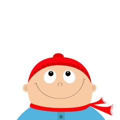 Baby boy wearing red hat and scarf. Kid face looking up. Cute cartoon character. Funny head with eyes, nose, smiling mouth. Hello winter. Flat design style. White background. Isolated.