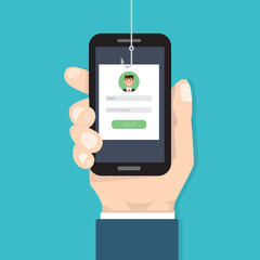 Data phishing, hacking online scam on smartphone in hand concept. Fishing by email, envelope and fishing hook. Cyber thief. Vector illustration.