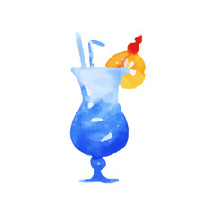 Blue Hawaii cocktail colorful hand drawn watercolor vector Illustration