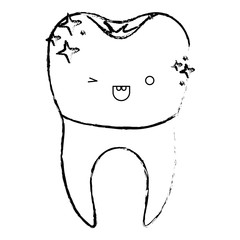 kawaii tooth with dental crown and root in monochrome blurred silhouette