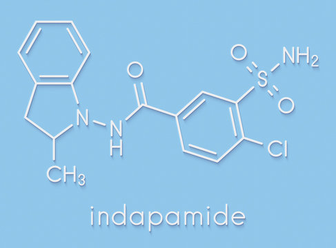 Indapamide hypertension drug molecule (diuretic). Skeletal formula.