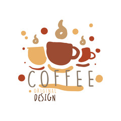 Cups with hot coffee hand drawn original logo design