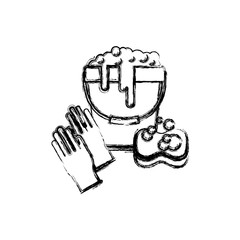 gloves and bucket with water and soap detergent and sponge in monochrome blurred silhouette