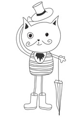 Hipster animal cat. Hand drawing of animal cat. Cute cat rubber boots umbrella gentleman