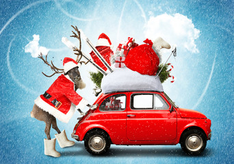 Christmas car Santa Claus with gift bag