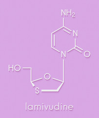 Lamivudine (3TC) antiviral drug molecule. Used in treatment of HIV and hepatitis B virus. Skeletal formula.