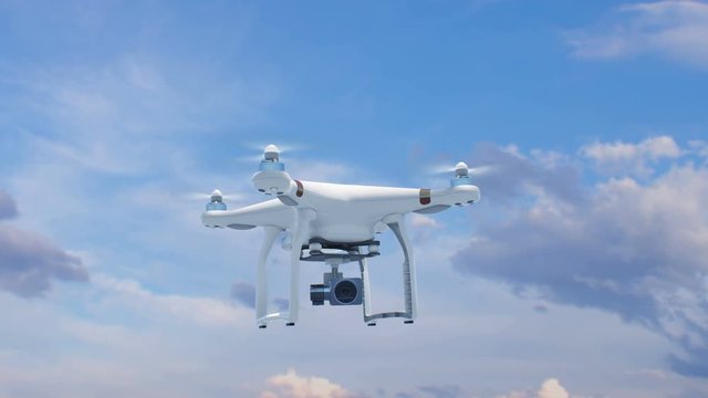 Quadcopter Flying in the Blue Sky with its Camera and Rising Fast Up to the Sun. Beautiful 3d Animation with Green Screen. Modern Electronics Concept. 4k UHD 3840x2160.