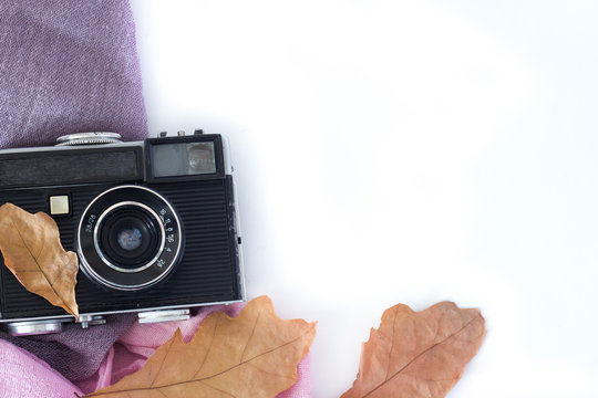 Old camera and autumn leaveson a white background .