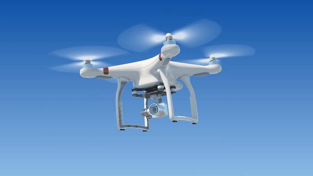 Quadcopter Hanging in the Blue Sky and Shooting Video. Seamless 3d Animation with Green Screen and Alpha Mask. Modern Electronics Concept. 4k UHD 3840x2160.
