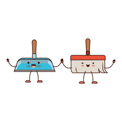 kawaii cartoon hand broom and hand dustpan holding hands in colorful silhouette