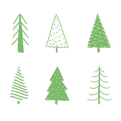 Set of hand drawn pine trees. Vector illustration.