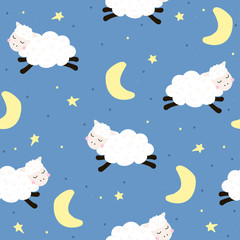 Good night seamless pattern with cute jumping lambs. Vector hand drawn illustration.