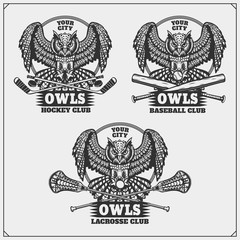 Lacrosse, baseball and hockey logos and labels. Sport club emblems with owl.