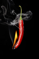 Burning Smoking Red Hot Chili with flame isolated on Black Background