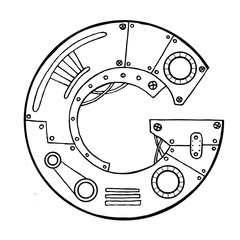 Obraz premium Mechanical letter G engraving vector illustration