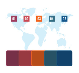 Fototapeta premium Colour squares with columns for the text on world map 5 positions